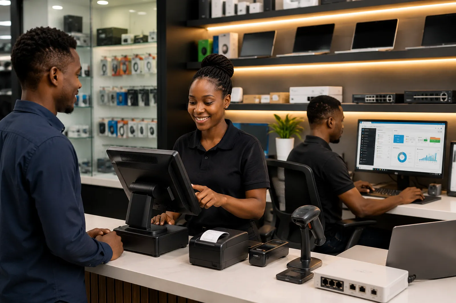 Staff serving a customer at a NonixTech point-of-sale terminal