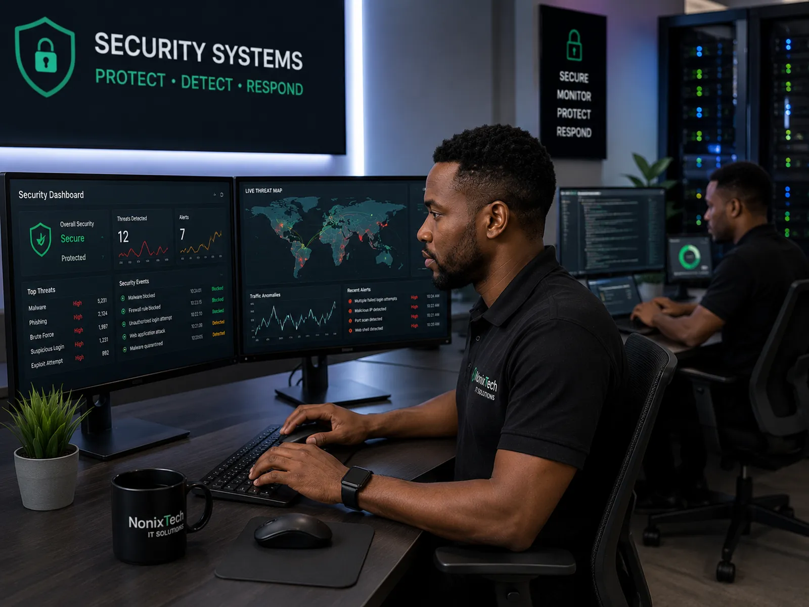 Security operations desk with live monitoring dashboards