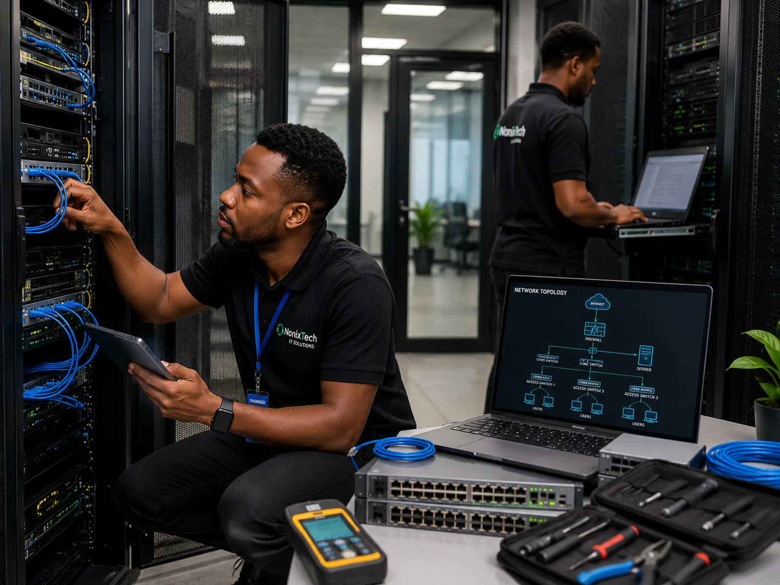 NonixTech engineer patching a network rack on site